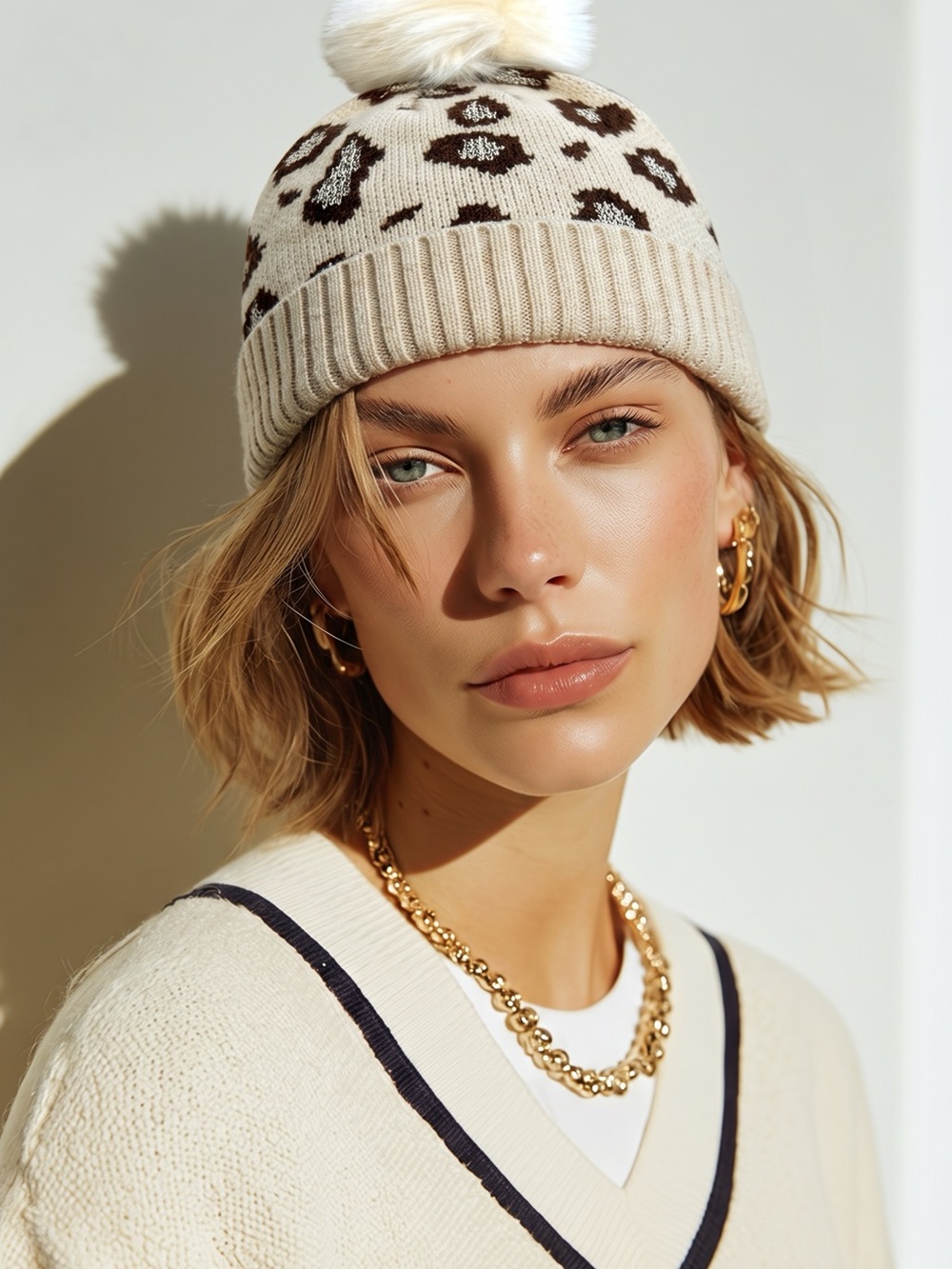 INC International Concepts Beige Leopard Knit Pom Beanie